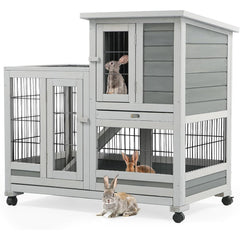 AECOJOY Indoor Rabbit Hutch with 2 Deeper No Leak Trays & 4 Casters